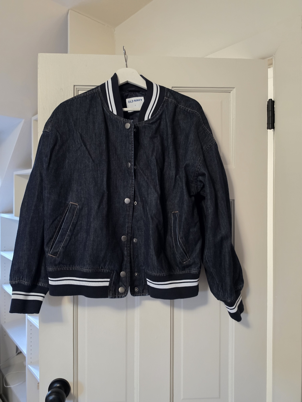 Old Navy Navy Denim Bomber Jacket with White Stripe Trim